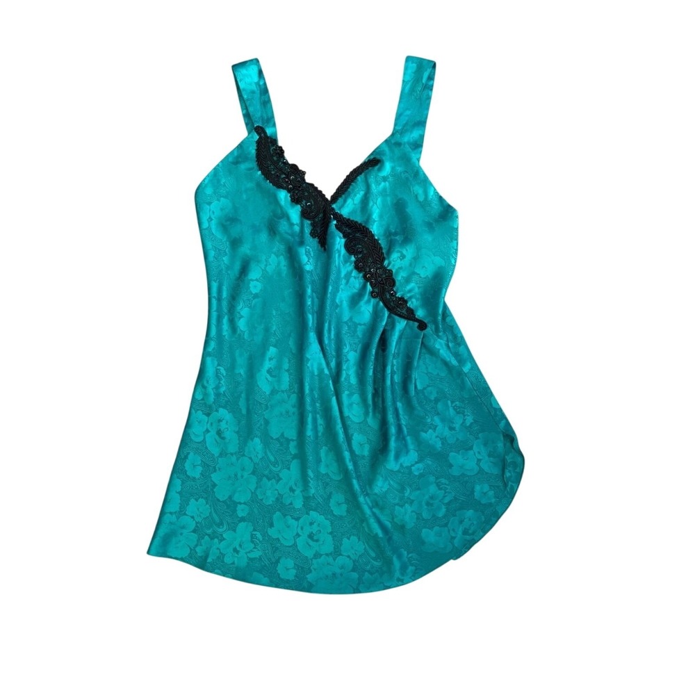 VTG Victoria's Secret Green Floral Jacquard Satin Chemise Black Lace Sequin L